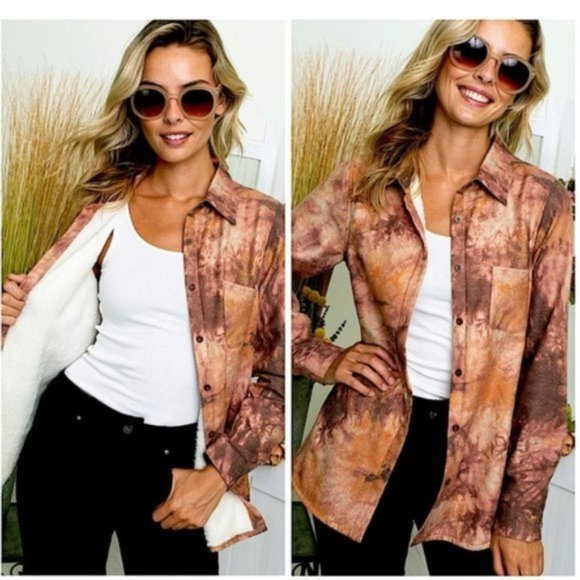 Navy Tie Dye Fleece Lined Flannel Button Down Top - Picture 8 of 9